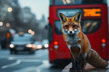 Urban foxes thriving in London with iconic red bus backdrop