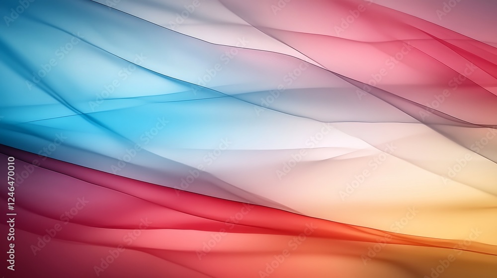Poster Dynamic digital artwork features sharp geometric shapes in red, blue, and yellow creating depth with layered transparency, and ample copy space on the left side