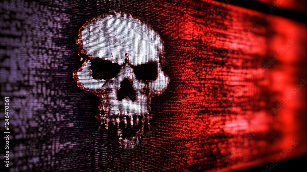 Poster glowing warning icon on a digital lcd screen with reflection, representing cybersecurity threats lik
