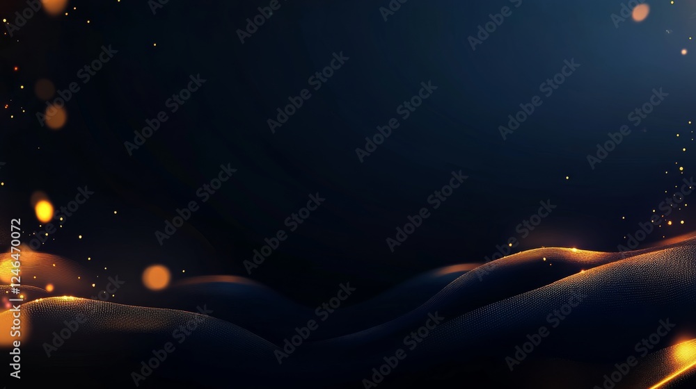 Leinwandbilder Floating golden bokeh particles create an enchanting atmosphere against a deep navy backdrop, enhanced by a festive gold foil texture, perfect for holiday themes