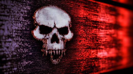 Glowing warning icon on a digital LCD screen with reflection, representing cybersecurity threats like malware, ransomware, data breaches, hacking, and spyware, requiring urgent attention