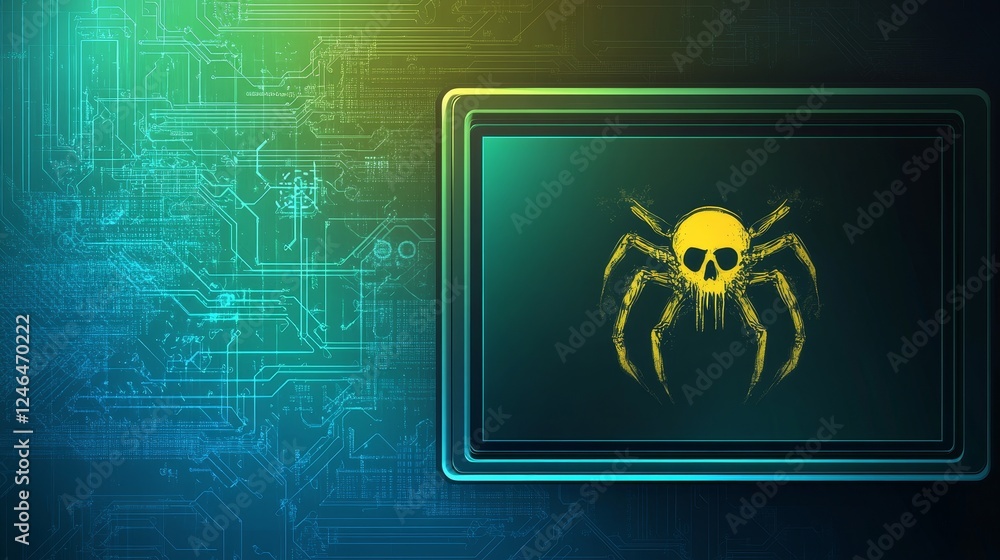 Poster glowing warning icon on a digital lcd display with reflection, symbolizing cyber attack, malware, ra