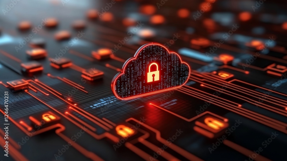 Fototapete Futuristic digital rendering illustrates a glowing cloud security data stream featuring encryption symbols and dynamic lines, emphasizing end-to-end data protection