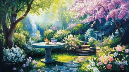 Enchanting garden scene with blossoming trees and stone pathway