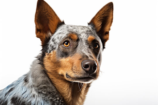 Australian Cattle Dog close-up portrait on a white background.
