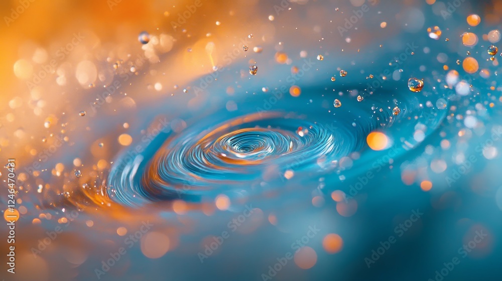 Poster fluid motion of blue water spirals dynamically, with droplets suspended mid-air, creating an ideal b