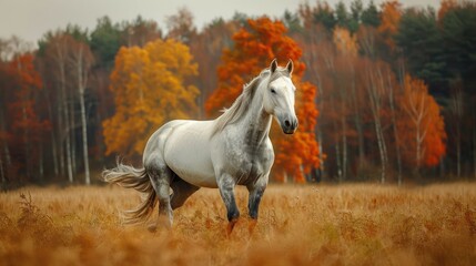 Majestic white horse standing in a golden field during autumn with colorful trees in the background