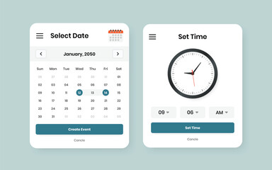 Modern Date and Time Selection UI Kit Design for Mobile and Web Applications