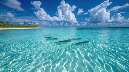 Clear turquoise waters with swimming fish and picturesque clouds over a tropical beach