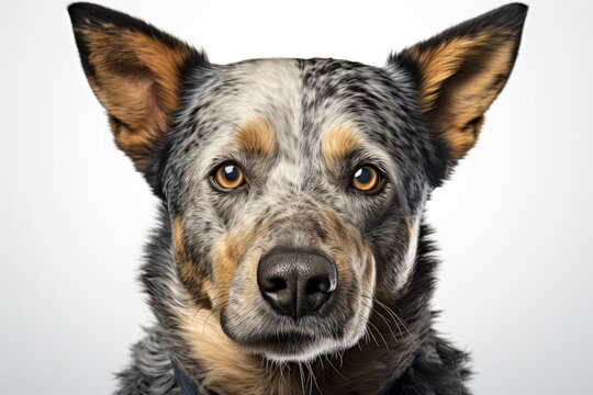 Australian Cattle Dog close-up portrait on a white background.