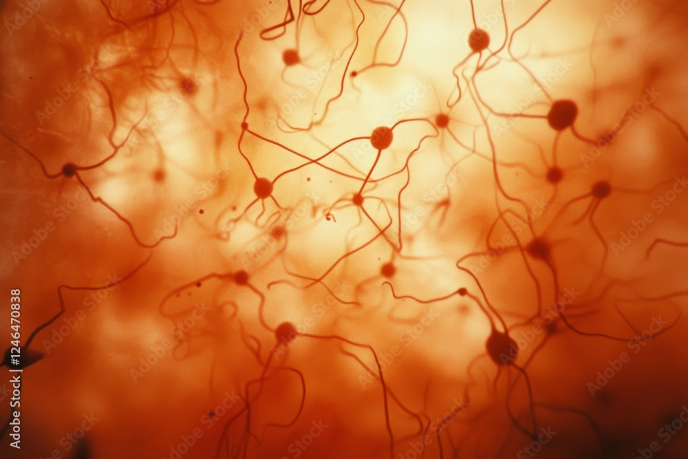 Aufkleber Interconnected neurons and synapses glow against a dark background, illustrating the intricate web of communication within the nervous system and inviting contemplation