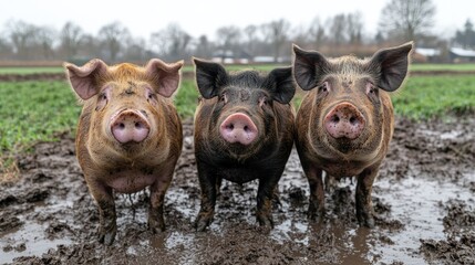 Three muddy pigs standing in a row.