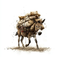 Overloaded Donkey of Debt, vintage illustration depicting burdens, earthy hues, symbolizing financial struggle and isolation.
