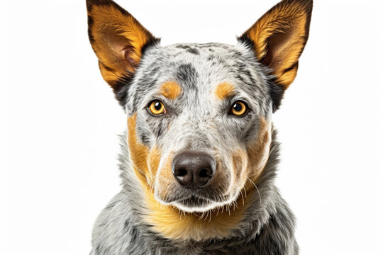 Australian Cattle Dog close-up portrait on a white background.