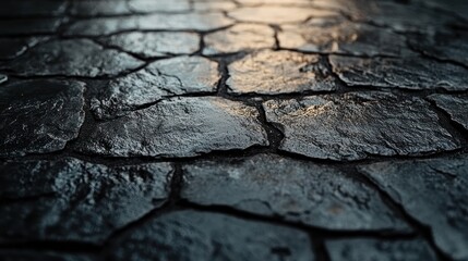 Fototapeta premium Wet cobblestone street, sunset glow, background blur, texture