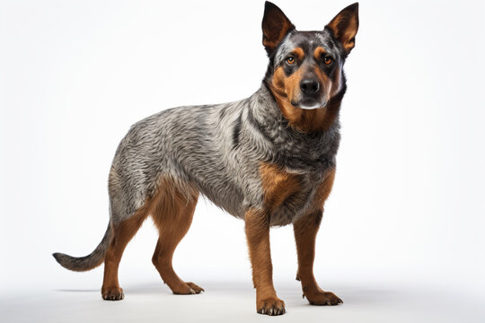 Australian Cattle Dog standing on a white background. Animal right-side portrait.