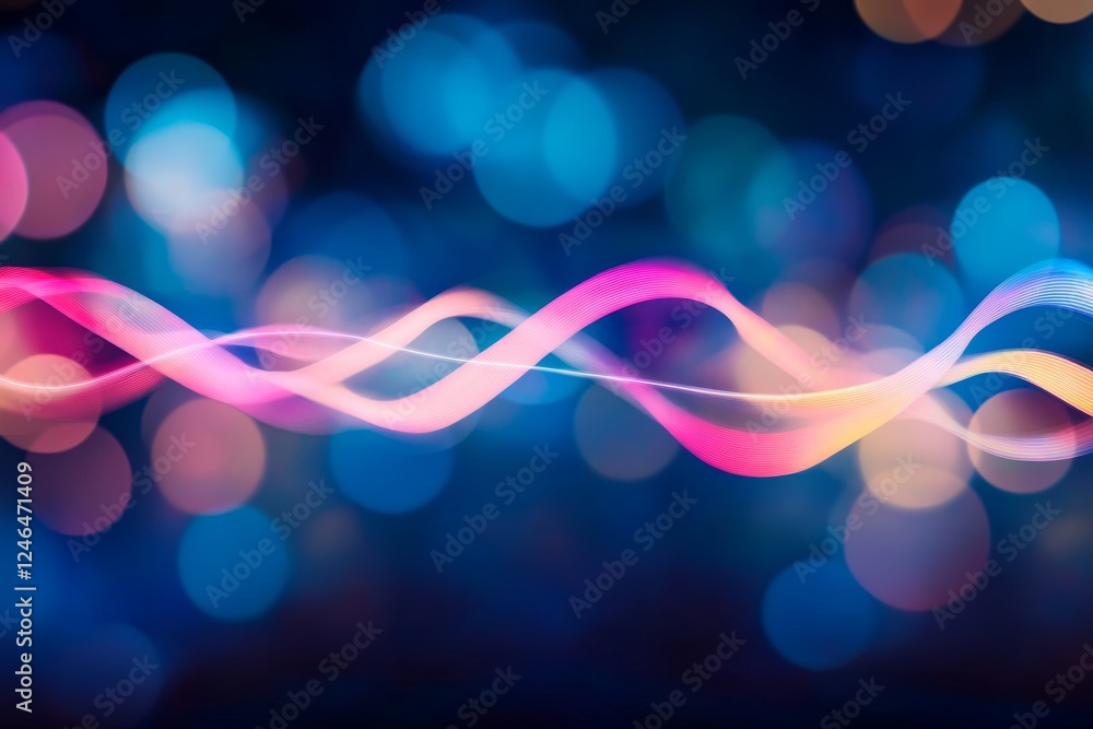 Aufkleber Futuristic neon pink and blue wave lines glow against a dark background, complemented by soft bokeh lights that enhance the data transfer theme while offering copy space