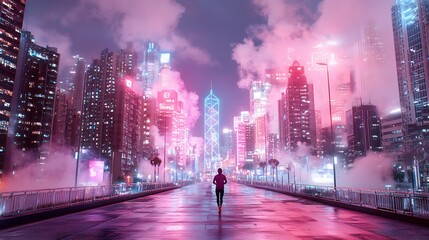 Solitary Figure Walking on a Bridge in a Vibrant Neon Cityscape at Night with Fog and Lights