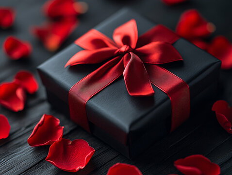 beautifully wrapped black gift box tied with a red ribbon in a bow, placed on a dark wooden surface with scattered red rose petals around it.