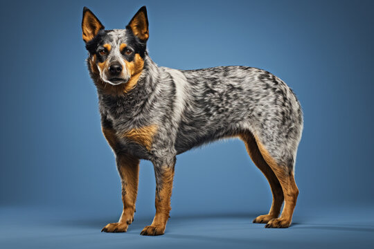 Australian Cattle Dog standing on a blue background. Animal left-side portrait.