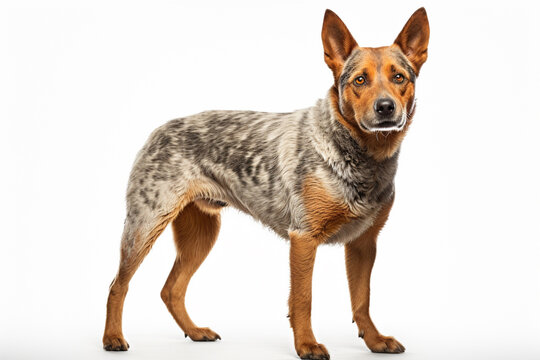 Australian Cattle Dog standing on a white background. Animal right-side portrait.
