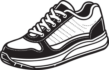 Sneakers shoe white and black color with outline. Sneaker side view flat design concept. Vector icon logo illustration