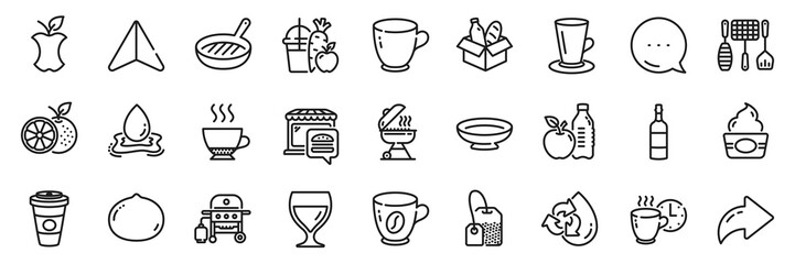 Grill tools, Food market and Gas grill line icons pack. Share, Message, Paper plane icons. Orange, Healthy food, Coffee web icon. Teacup, Recycle water, Takeaway coffee pictogram. Vector