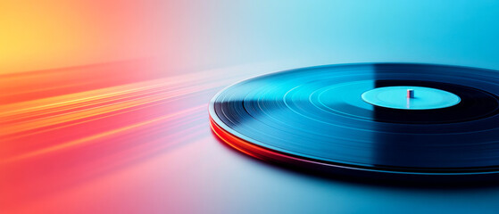 A vibrant, colorful image of a vinyl record, highlighting its glossy surface and the dynamic motion of sound waves in the background.