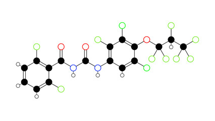 noviflumuron molecule, structural chemical formula, ball-and-stick model, isolated image insecticide