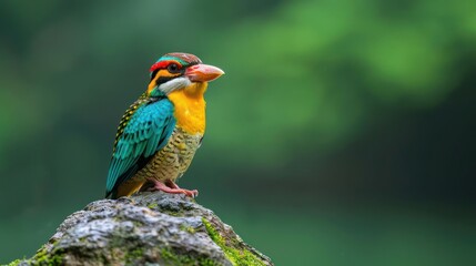 Obraz premium Vibrant bird perched on a moss-covered rock, surrounded by a lush green background, showcasing nature's beauty