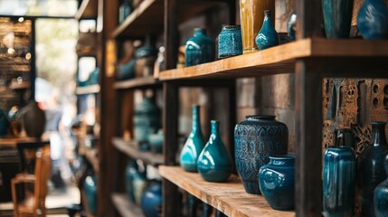 Vintage pottery and decor on rustic wooden shelves