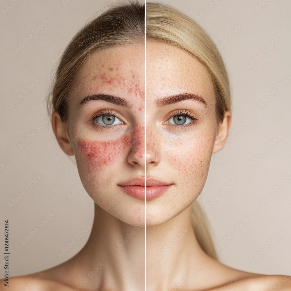 Poster comparison of acne and redness versus smooth glowing skin with space for text above. generative ai