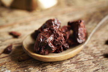 Croton lechleri, or sangre de drago resin on a wooden spoon