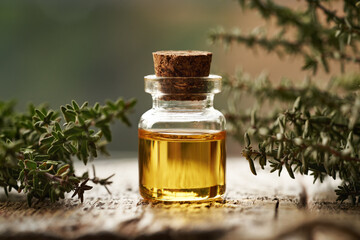A transparent bottle of thyme essential oil with fresh thyme