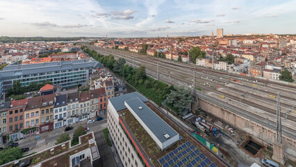 Obraz premium Aerial timelapse of Brussels North station railway tracks with trains arriving and departing. Belgium
