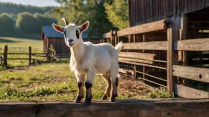 Obraz premium goat on the meadow, Cute baby goat standing on a wooden fence, looking curiously at the camera, farm barn in the background