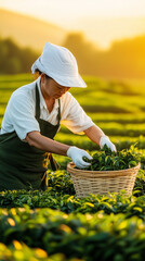 Serene tea farm with worker hand-picking matcha leaves in golden sunlight
