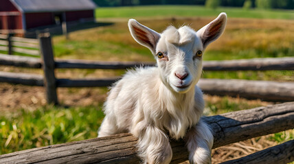 Obraz premium goat on the farm, Cute baby goat standing on a wooden fence, looking curiously at the camera, farm barn in the background