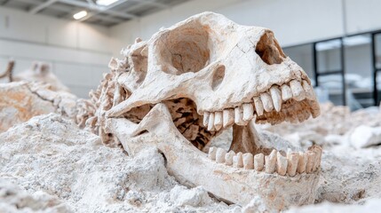 Dinosaur skull fossil excavation lab