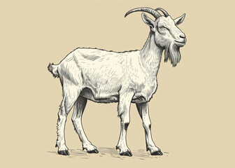 Fototapeta premium Goat. Vintage retro print, black white goat sketch ink pencil style drawing, engrave old school. Sketch artwork silhouette goat, white background. Side view profile. Illustration