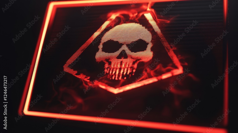Poster glowing warning icon on a digital lcd display with reflection, symbolizing cyber attack, malware, ra