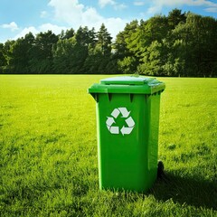green trash can with a recycling sign on, green field and trees in the background 