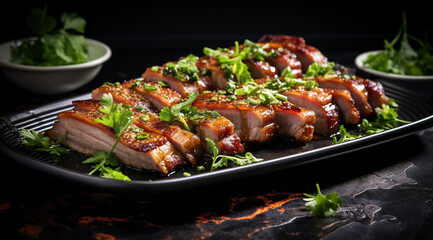 Fototapeta premium Savory Sliced Pork: Exquisite Dish on Dark Plate