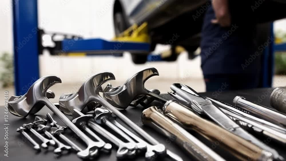 Poster chrome vanadium wrenches and other tools are lying on a table, while a mechanic is working on a car 