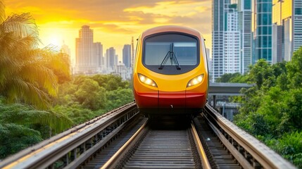 Naklejka premium Vibrant Yellow Train Traveling Along Elevated Tracks with City Skyline at Sunset
