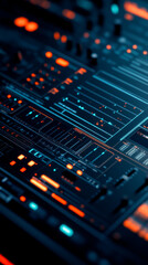 A visually striking, close-up view of a futuristic digital interface with vibrant blue and orange lights, showcasing intricate patterns and lines.