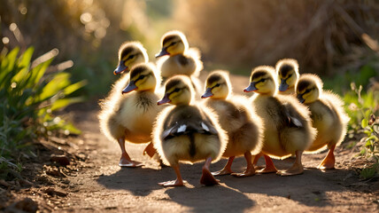 small baby ducks, Group of fluffy ducklings waddling together on a farm path, warm morning sunlight highlighting their soft feathers