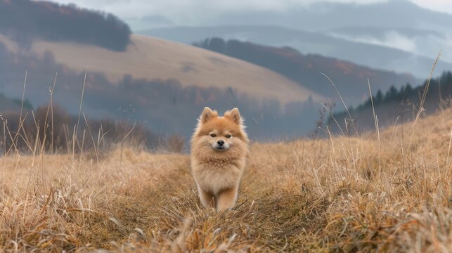 A fluffy Pomeranian dog walking through a golden field with misty mountains in the background - Powered by Adobe