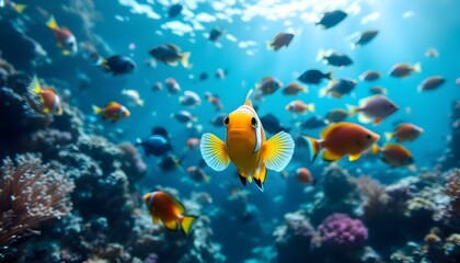 Naklejka premium Vibrant Clownfish in a Coral Reef Ecosystem, Underwater Aquatic Beauty