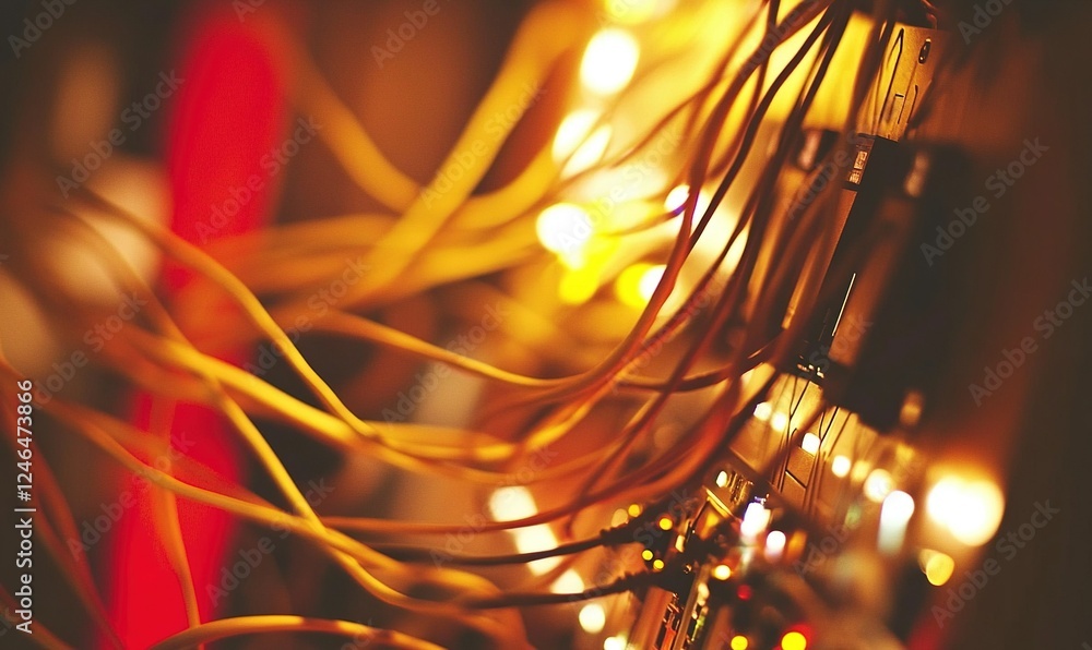 Poster server room cables and lights network hub in data center